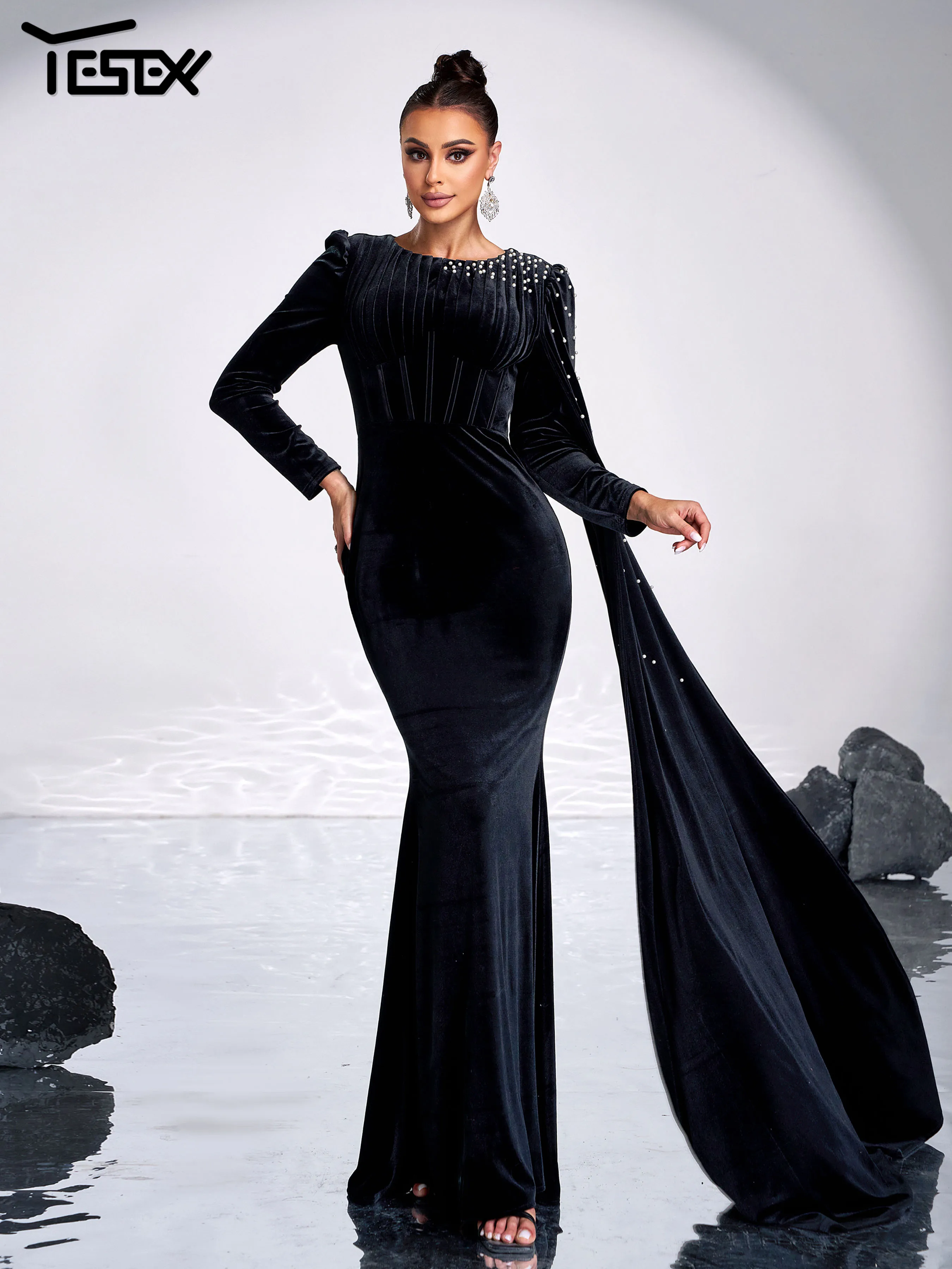 Yesexy New Black Chic Elegant Draped Round Neck Long Sleeved Mermaid Evening Gown Birthday Party Formal Occasion Cocktail Dress