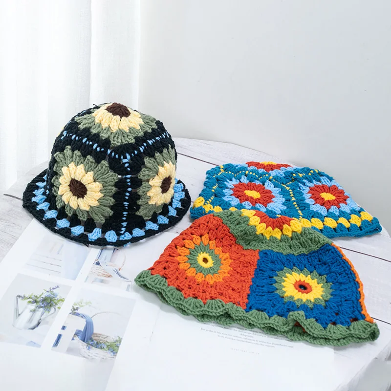 New Autumn Winter Japanese Vintage Cutout Flower Handmade Knitted Pot Hat Women\'s Sweet and Versatile Woolen Hat Bucket Hat