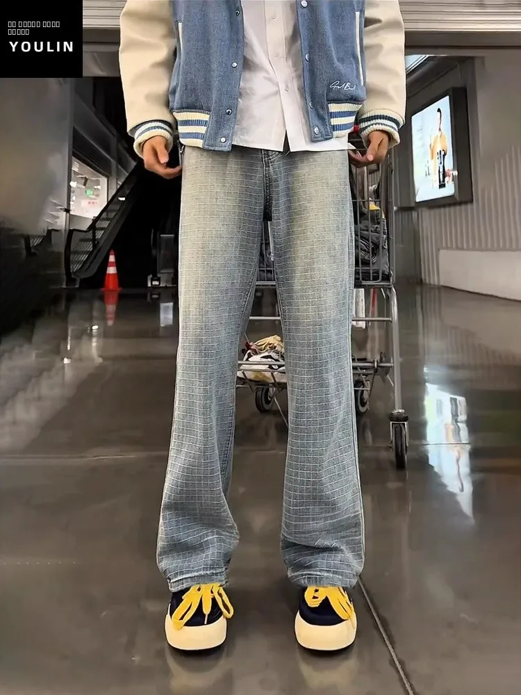 

Мужские джинсы в американском стиле ретро в клетку, с высокой талией, прямого кроя, облегающие, повседневные, износостойкие, премиум-класса, стильные и эффектные.