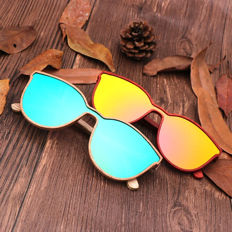 2018 New Fashion polarized wooden women sunglasses Cat's eye full mirror luxury handmade men bamboo wood sun glasses With box