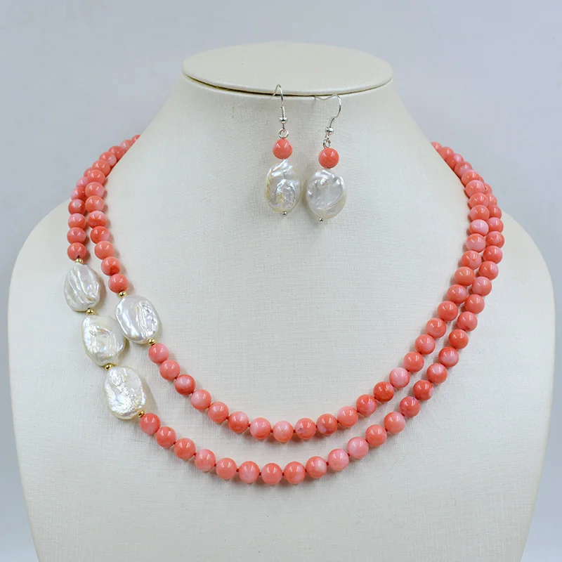 2 rows 7mm natural coral Baroque pearl necklace earrings set, giving women the most beautiful gift 18-20 