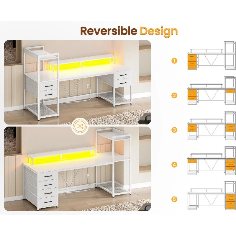 Mesa de computador SEDETA 55" com 4 gavetas e prateleiras, mesa de jogos com luzes LED e tomadas elétricas, mesa de escritório doméstico