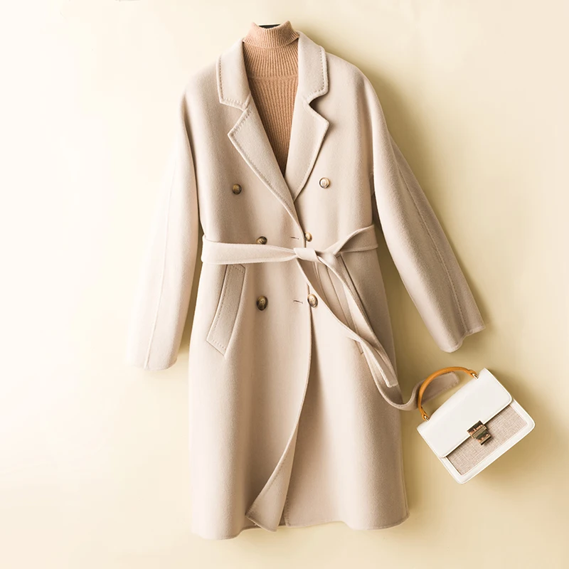 MODERN NEW SAGA 100% Wool Women Coat Autumn Wool Overcoat Winter Warm Double-sided Cashmere Long Coats Lady Double Breasted Belt