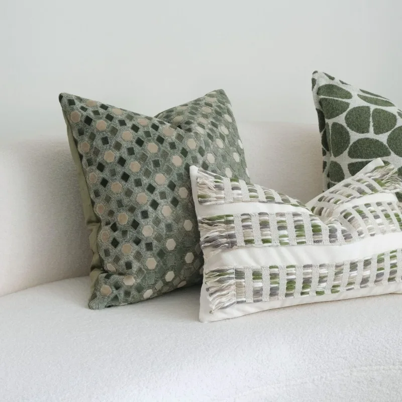Boho Drawstring Woven Fringe Pillow Cover Macrame & Appliqué Cushion Cover Vintage Green Geometric Jacquard Sofa Decor Home