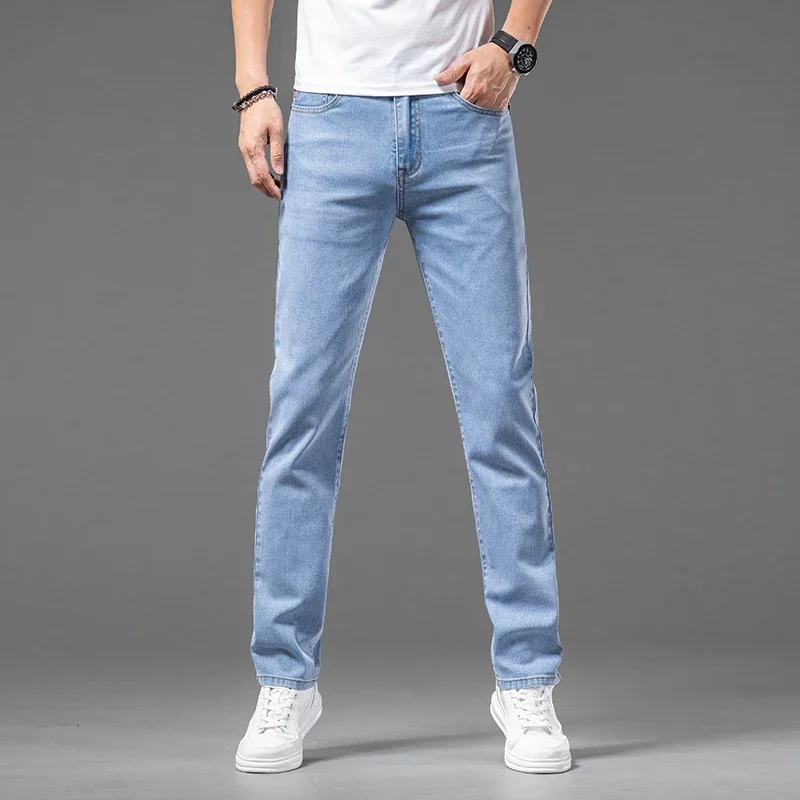 2024 verão novo masculino fino luz azul fino ajuste jeans tecido negócios moda elasticidade calças jeans masculino marca