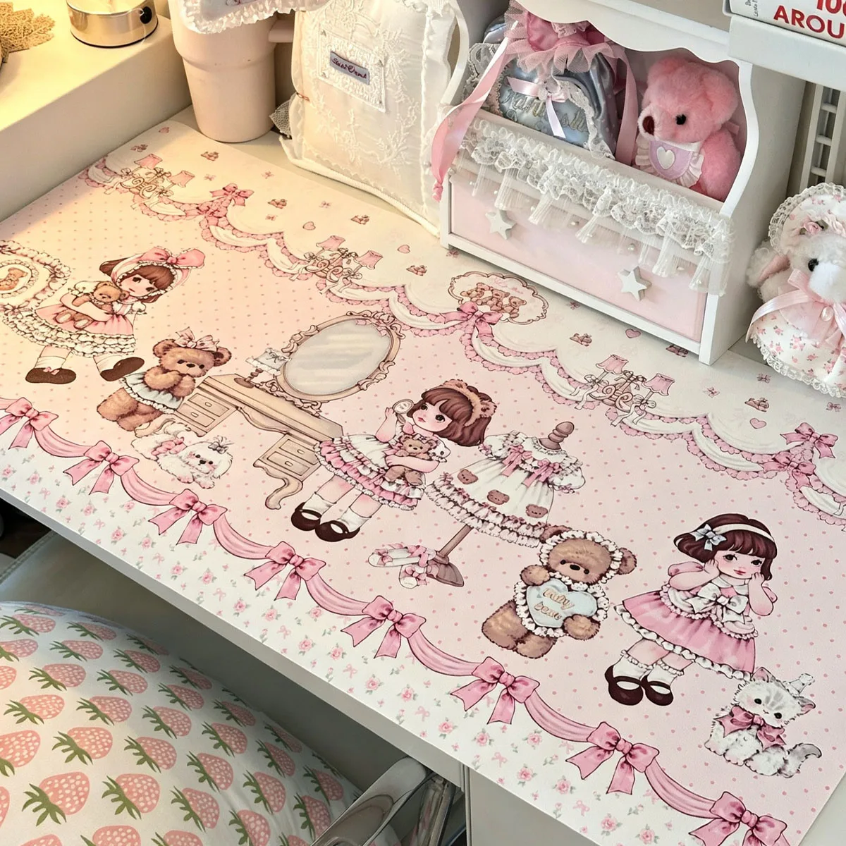 Polka Dots Floral Pink Girl Bear Leather Desk Pad Protector Mouse Pad Office Desk Mat Waterproof Non-Slip PU Desk Blotter Pad