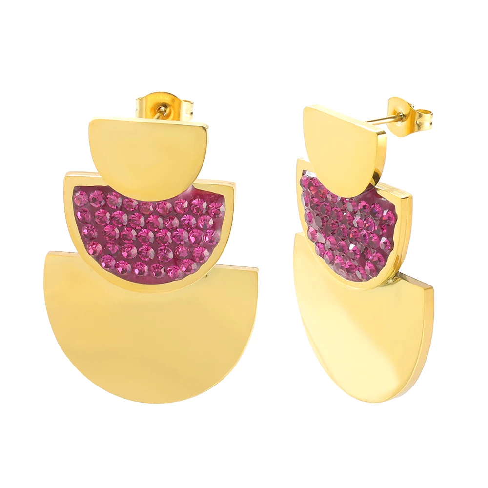 JINHUI Unique Triple Half Moon Flake Red Rhinestones Stainless Steel Stud Earrings Non Tarnish Three Layer Dangling Jewelry 2025