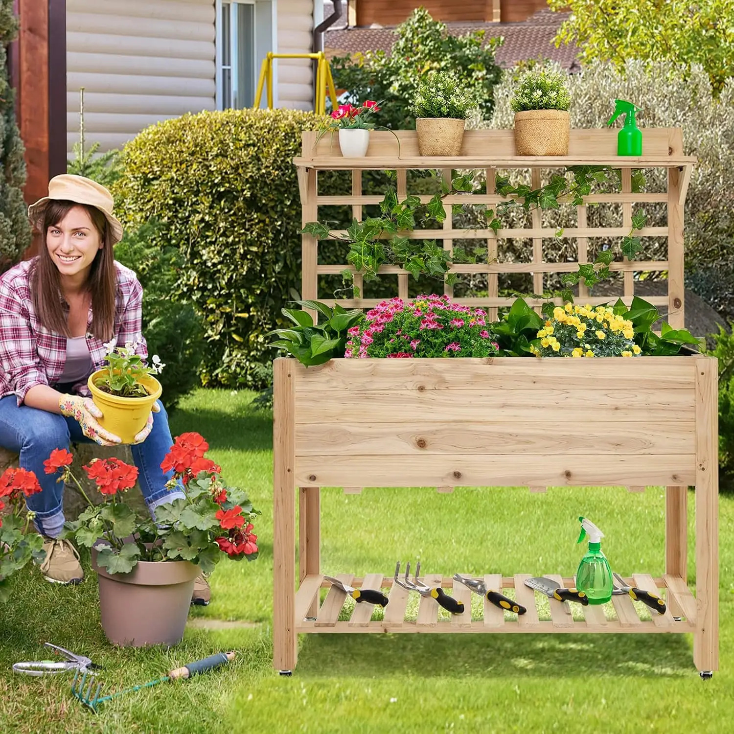 Verhoogd Tuinbed Met Latwerk, Mobiele Verhoogde Plantenbak Beddengoed, Boven-/Onderopbergplanken, Vrijstaande Houten Plantenbak