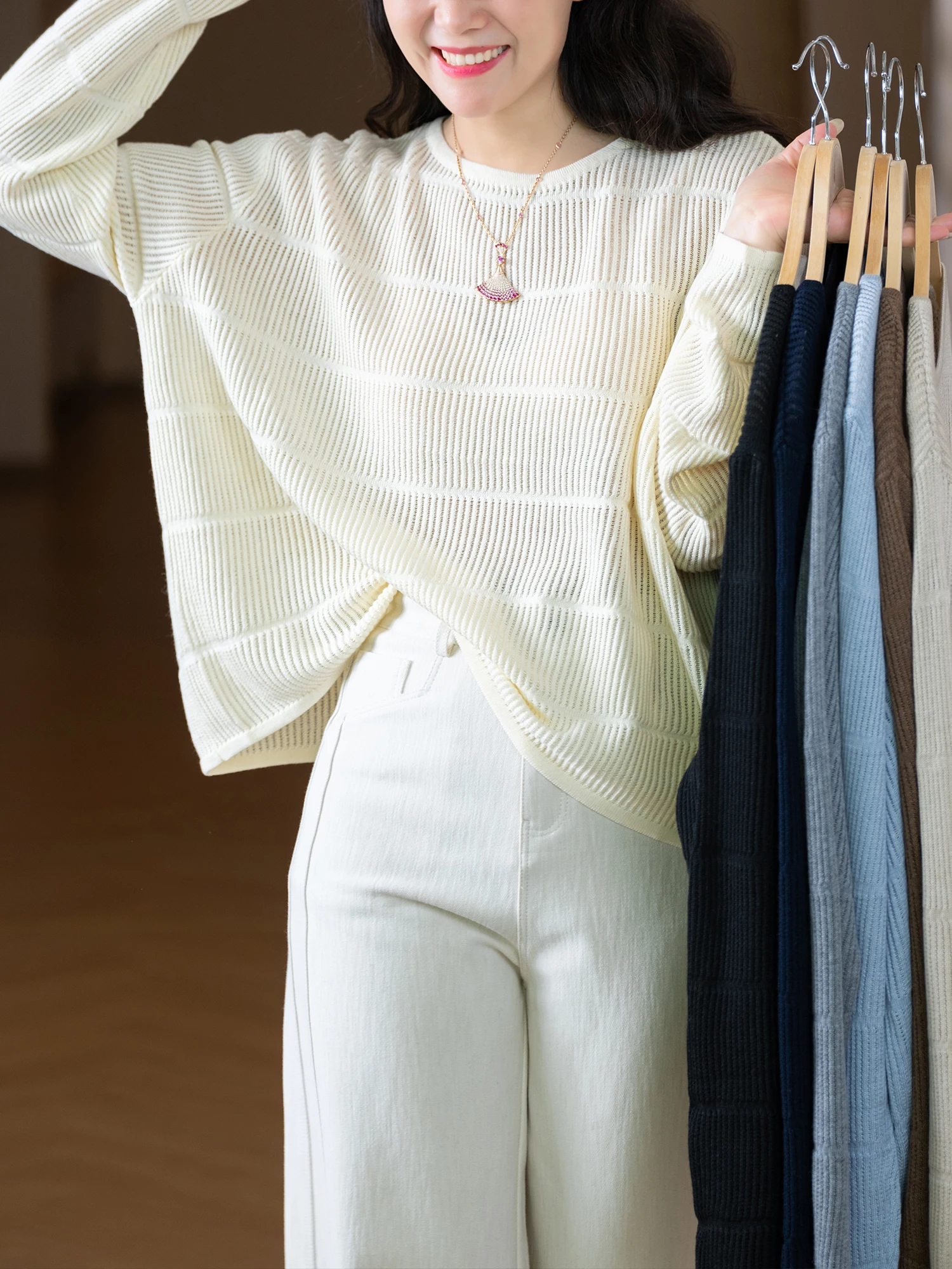 

Простой свободный свитер из смесовой шерсти в вертикальную полоску, мягкий вязаный женский длинный круглый пуловер Ne све