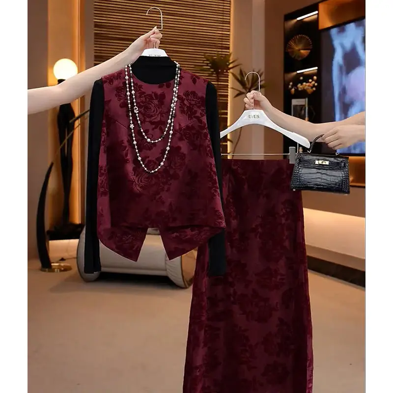 

Новый модный бархатный жилет из красного золота в китайском стиле + черная базовая рубашка + полуюбка, темпераментный женский осенний комплект из 3 предметов