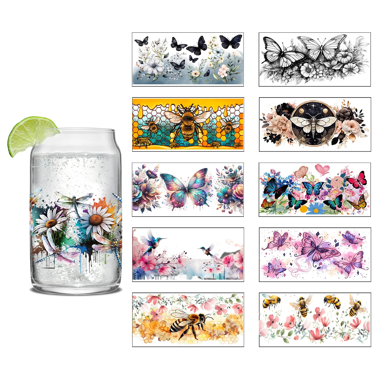 

Butterfly Pattern Series UV DTF Sticker Honey Bee Theme For 16oz Libbey Glass Wraps Cup DIY Waterproof Easy To Use 3D Sticker