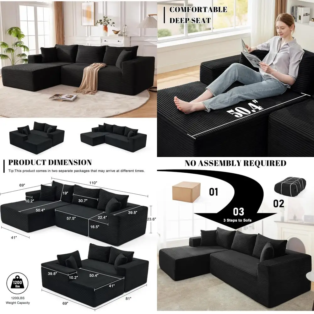 أريكة مقطعية معيارية لغرفة المعيشة - جلوس عميق، أريكة رقيقة مريحة، سحابة بدون عظم على شكل حرف L مع تاي طويل