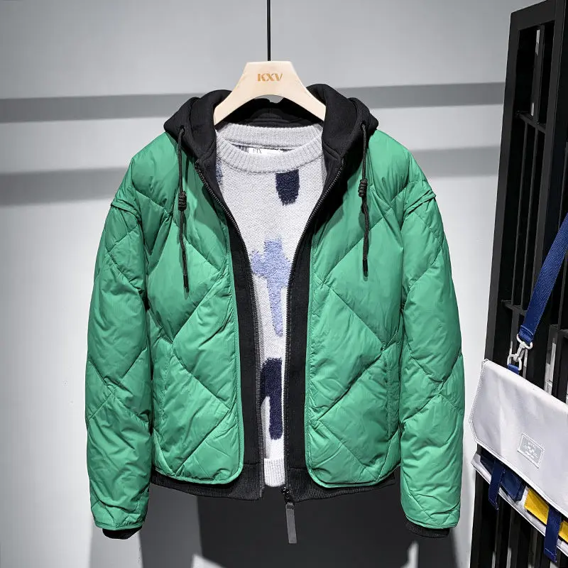 Down Jacket Men Trendy Fake Two-piece Hooded Loose Jacket Zipper Casual Cotton Coat