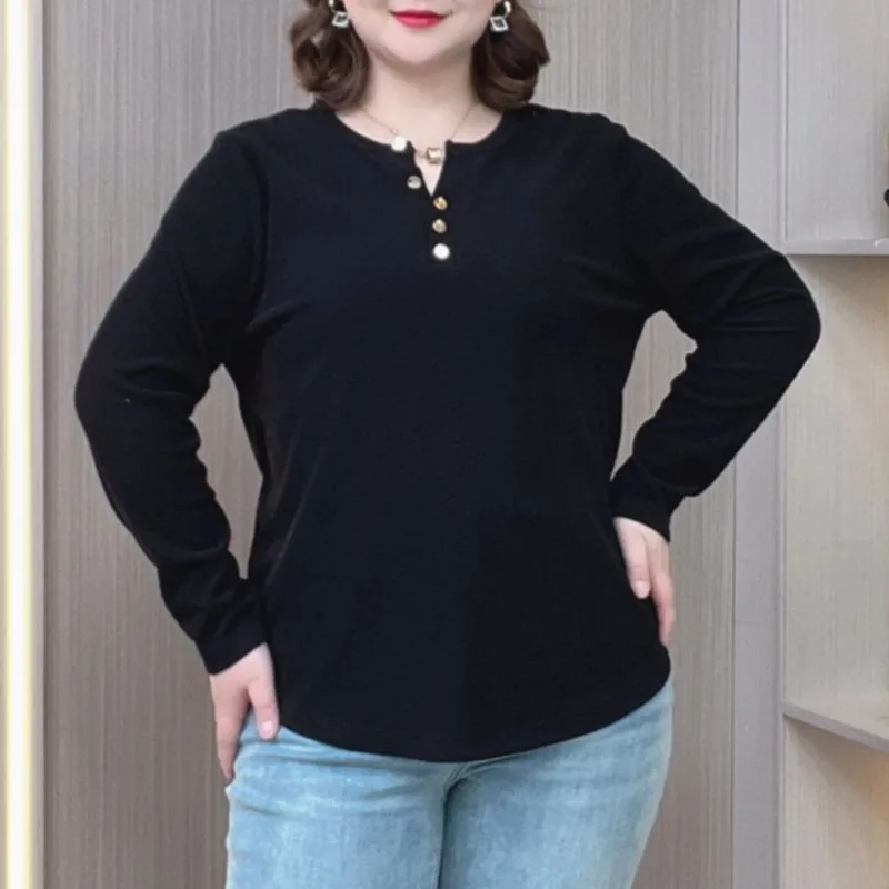 2024 Spring New Long Sleeve V-neck T-shirt Women Plus Size Loose Thin Casual button-over Tops