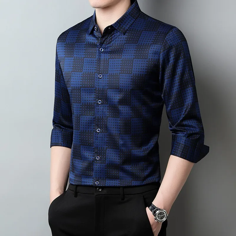 High End Man Shirt Quality Fashionable Personalized Youth Tops Luxurious Lapel Long Sleeve Spring Checkered Shirts for Men Trend
