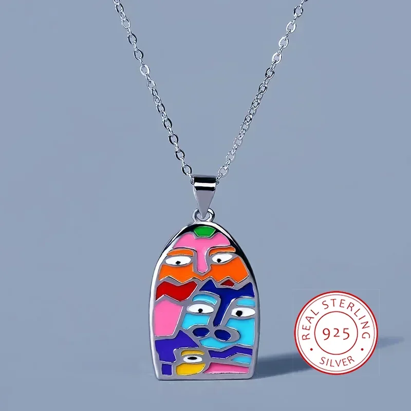 Creative 925 Silver Color Expression Face Pendant Color Enamel Necklace For Ladies Jewelry Sweater Chain Party Birthday Jewelry