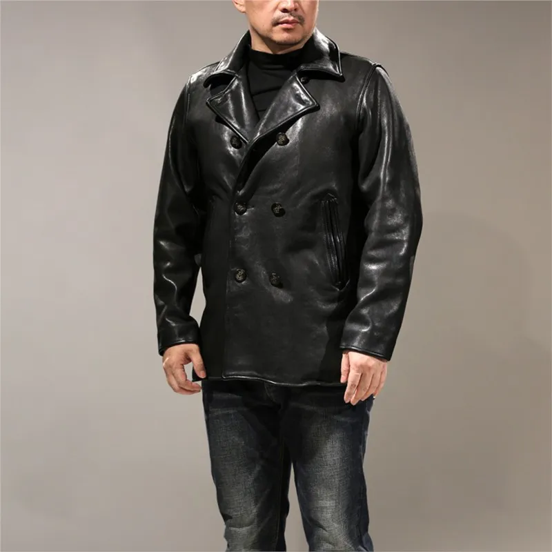 Leather coat men's lapel double-row horn heavy-washed fully vegetable-tanned