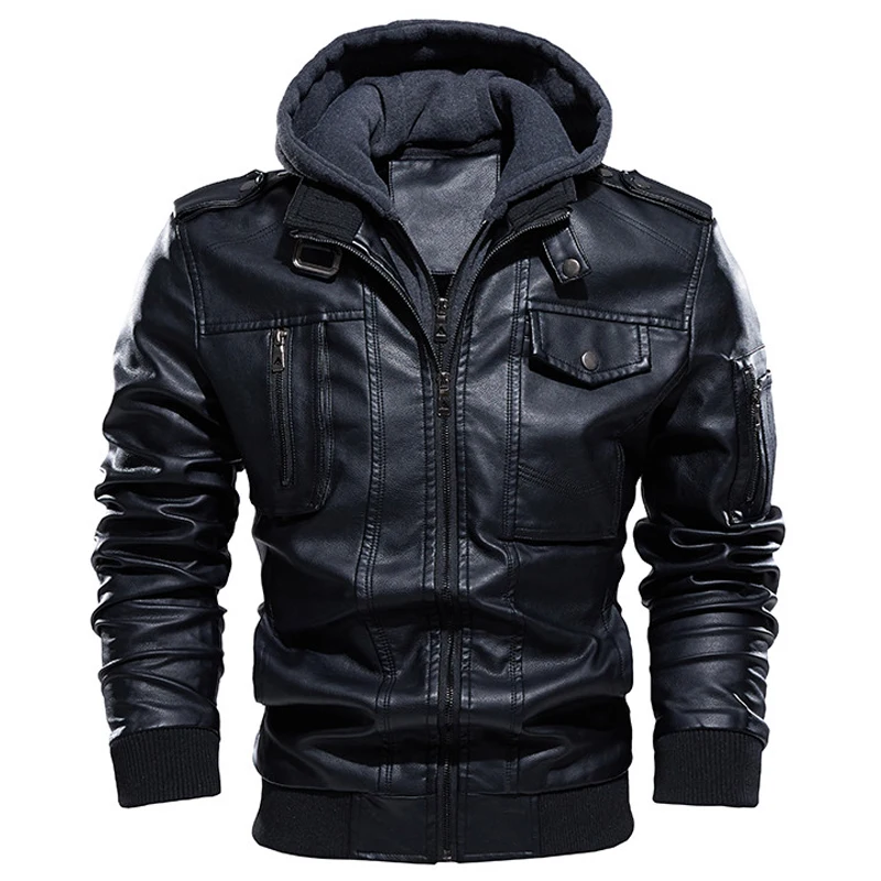 Man Winter Thick Warm Motorcycle Jacket Men Casual PU Leather Jackets Vintage Hooded Collar Club Coat Leather Coats