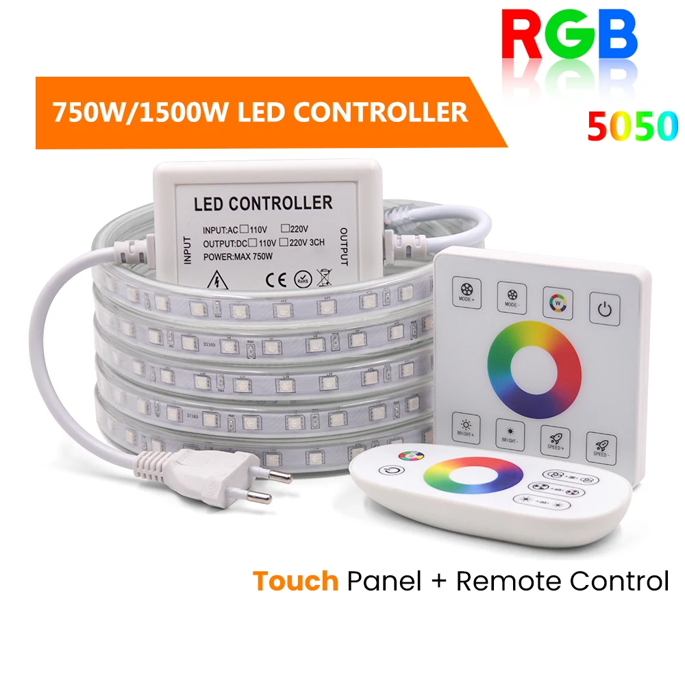 

5050 RGB LED Strip Light Waterproof AC 110V 220V Flexible Led Tape 60leds/m Wall Touch Panel&Remote Control With Controller Plug