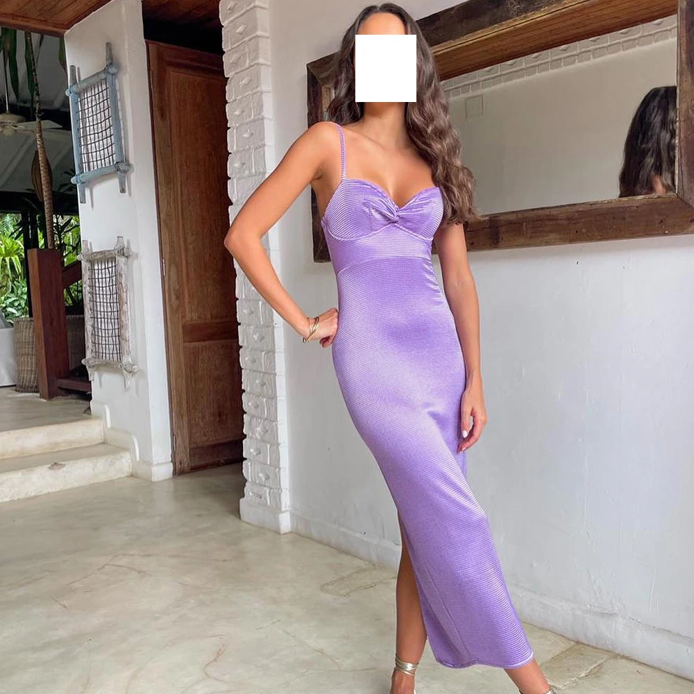 

Elegant Party Dresses Woman 2024 Spaghetti Strap Sweetheart Back Silt Sleeveless Straight Solid Purple Ankle Length Prom Gowns