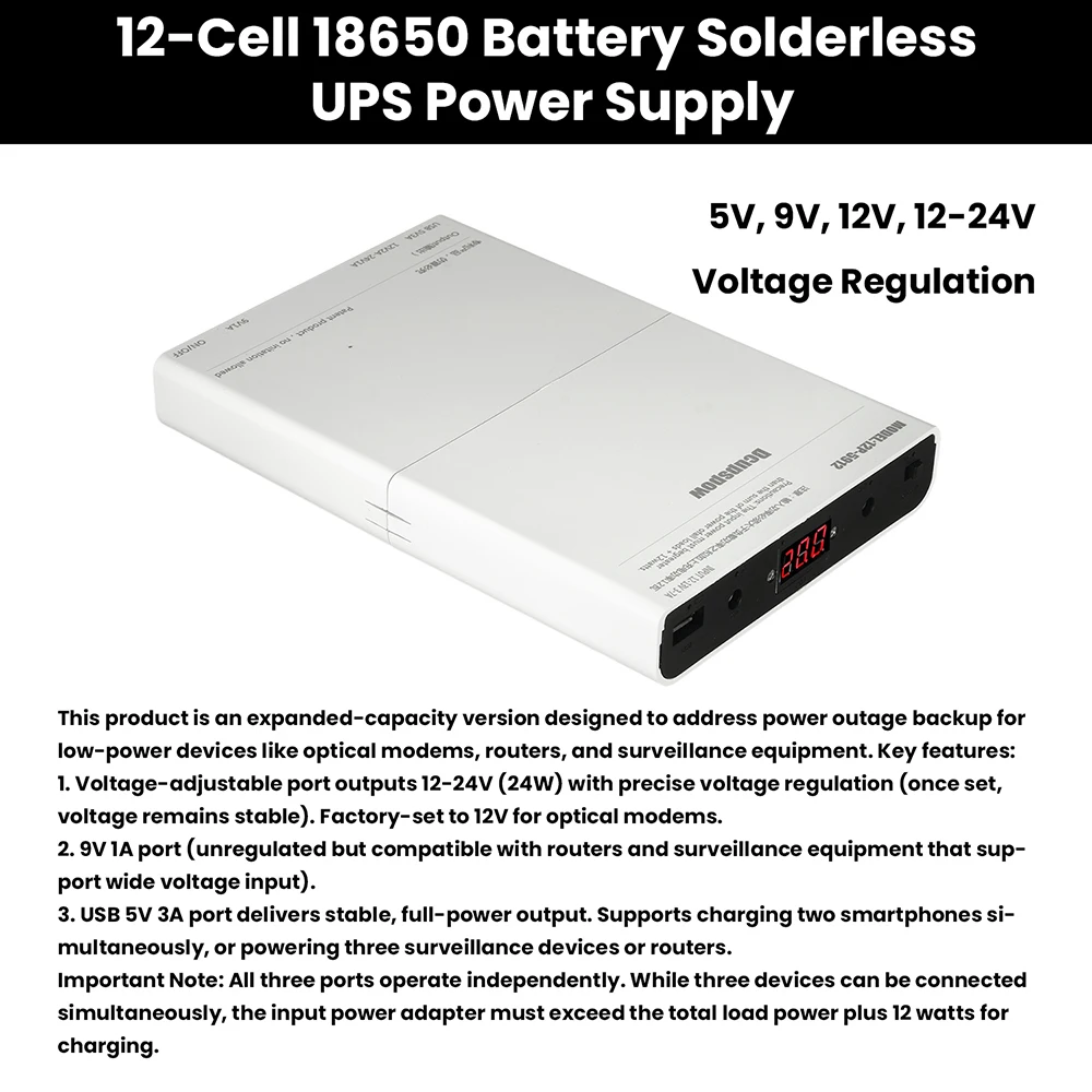 No-Solder 18650 UPS Battery Module 12 Slots 12-24V 0.1V Precision Adjust 3 Ports, Auto UPS for Router Optical Modem Monitor New