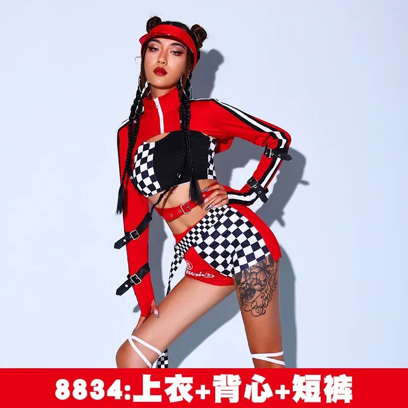 Modern Jazz Dance Clothes Women Checkerboard Kpop Outfit Korean Girl Group Stage Costume Nightclub Rave Wear Cheerleader Uniform