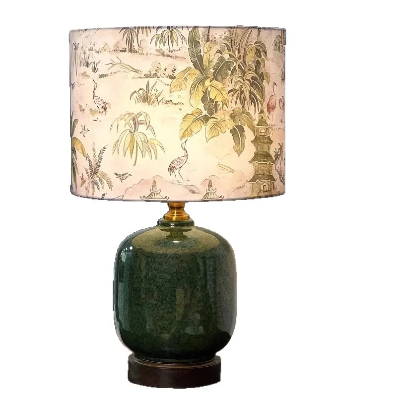 American retro bedroom tea room decorative table lamp bedside ancient ceramic emerald advanced flower and bird art ornament