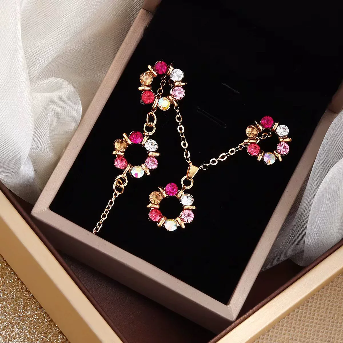 3pcs/set Round Jewelry Set for Women Colorful Rhinestones Stud Earrings Bracelet Pendant Necklace Jewelry Elegant Accessories