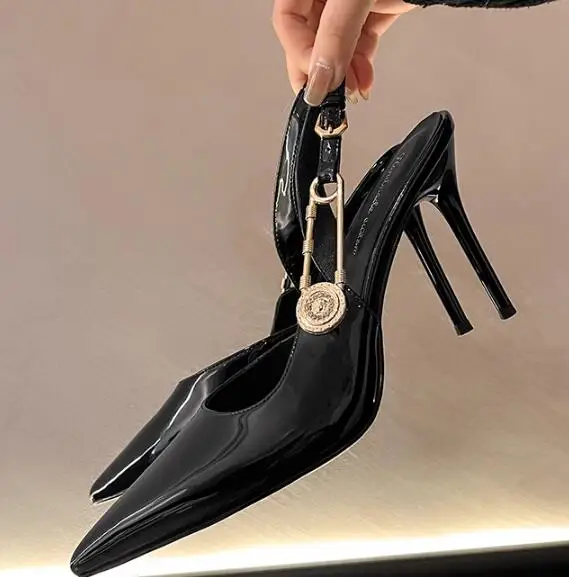 

Moraima Snc Black Leather High Heel Shoes Women 2024 Spring Pointed Toe Slingback Sexy Pumps Thin Heels Dress Shoes