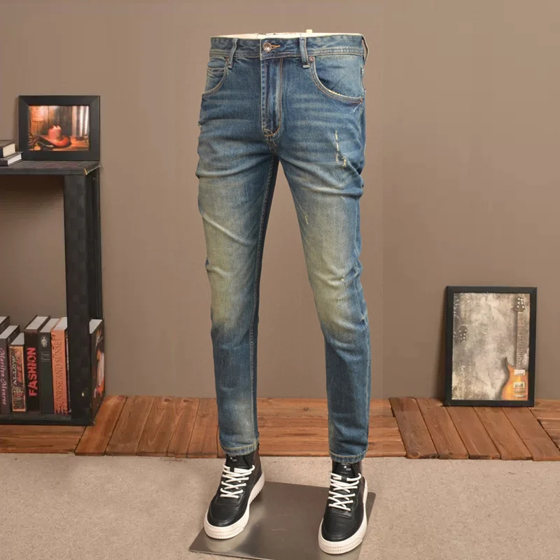 Mode Vintage Männer Jeans Hohe Qualität Retro Blau Elastische Slim Fit Zerrissene Jeans Männer Italienischen Stil Designer Denim Hosen Hombre