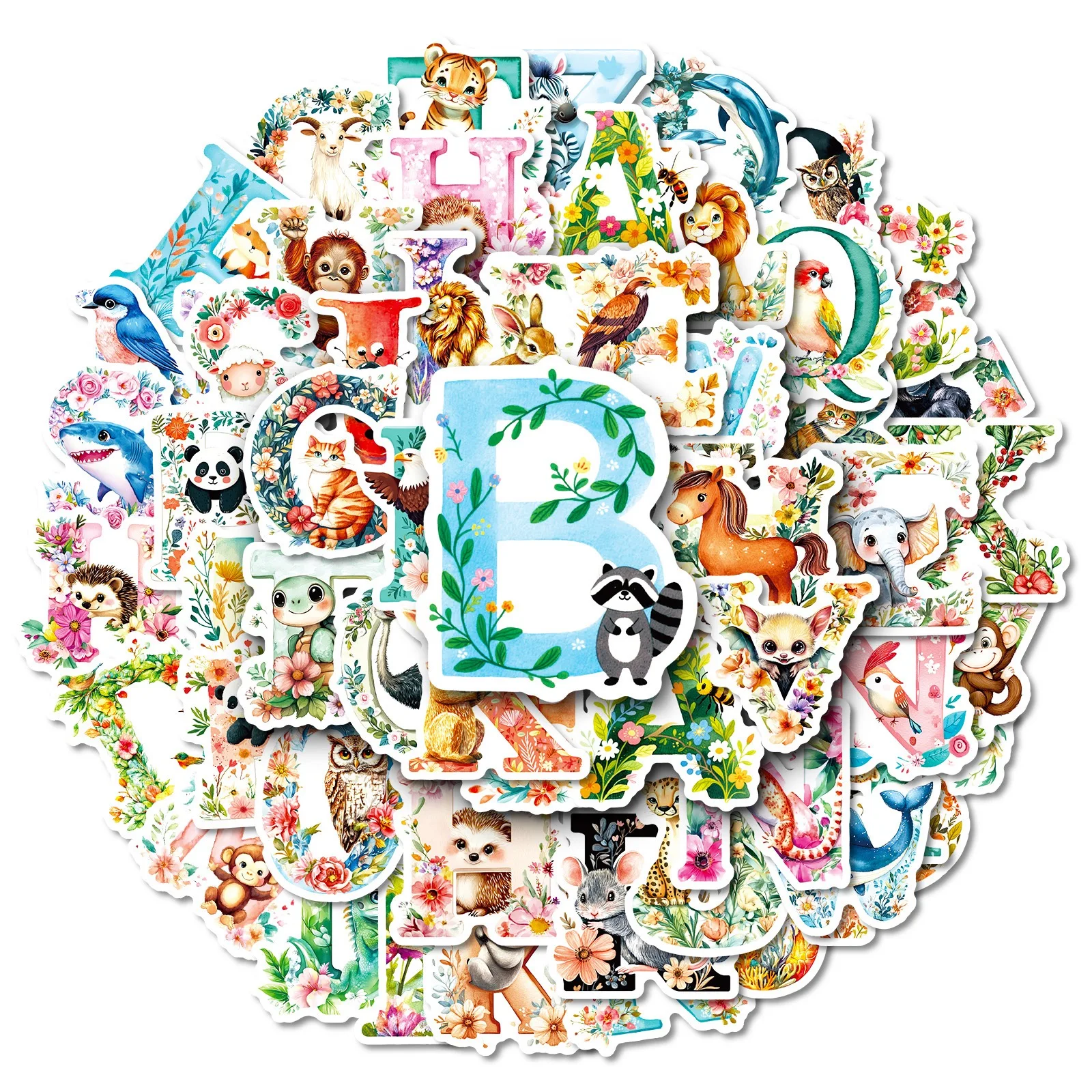 

10/56PCS Cute English Letter Animal Flower Stickers Aesthetic DIY Scrapbook Phone Laptop Luggage Skateboard Sticker Kid Toy
