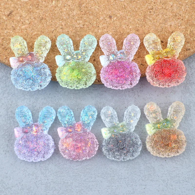 5PCS 18*25mm Luminous Gradient Rabbit Resin Cabochons for DIY Clip, Phone Case, Keychain Earring Handmade Jewelry Craft Decor.