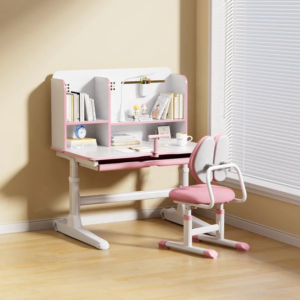 高さ調節可能な本棚収納引き出し付き子供用学習机椅子セット、自宅学習用ライティングテーブル