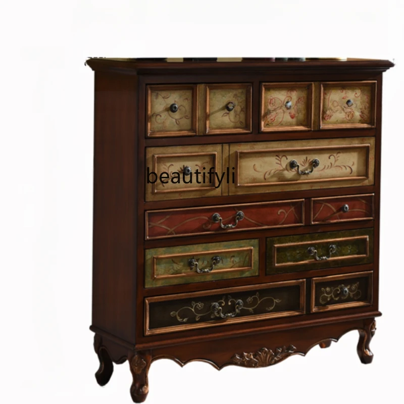 

Retro Chest of Drawers American Solid Wood Painted Pastoral Entrance Living Room Curio Cabinet Sideboard Cabinet Bedroom