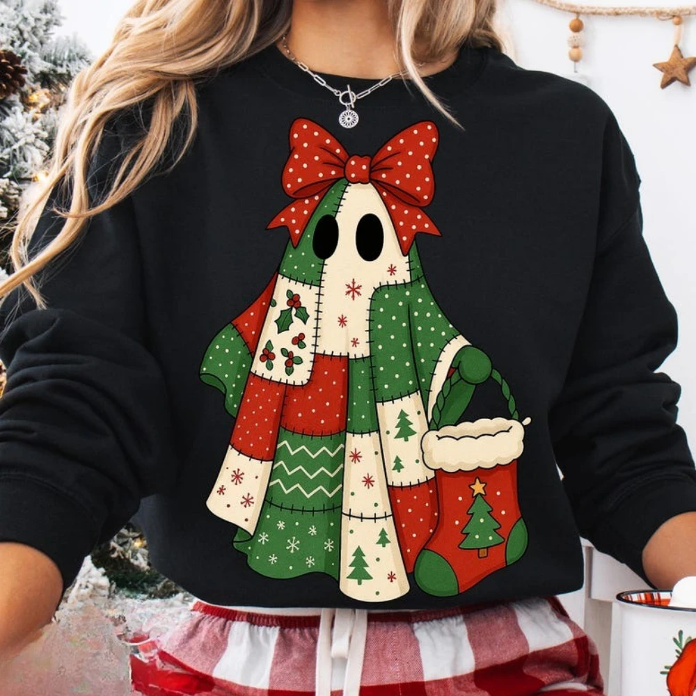 

Ретро Рождественская толстовка с призраком, модный лоскутный пуловер с призраком, милый спортивный костюм с призраком, женская зимняя толстовка с капюшоном