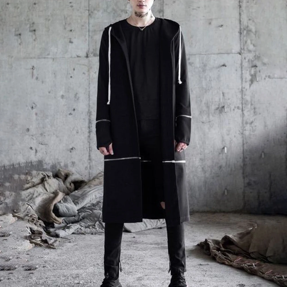 Mens Zippered Mid-Length Dark Casual Hoodie Autumn Streetwear Nightclub Fashion All-Match Windbreaker Men'S Clothing 2025 New