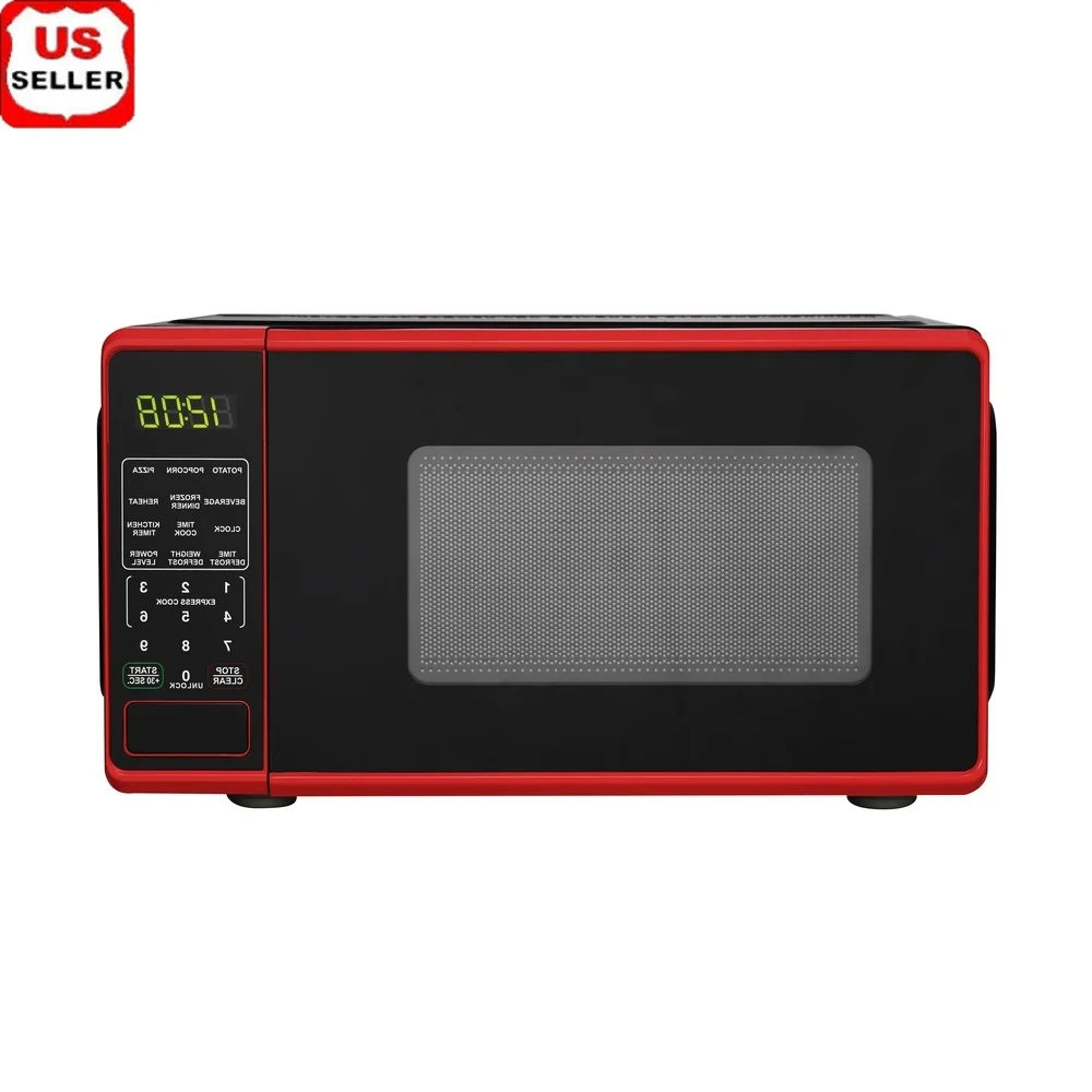 Horno microondas compacto para encimera de 0,7 pies cúbicos, pantalla LED de 700 vatios, temporizador de cocina, cerradura de seguridad para niños, puerta con botón pulsador, 10 potencia