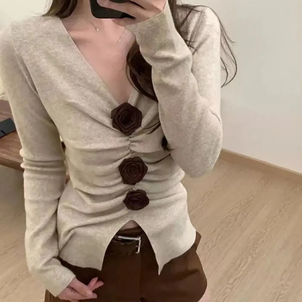 

Pleated Long Sleeved Knitwear Slim Fit Bottoming Shirt 3D Rose Flower Top Pullover Autumn Spring Winter Knitted Top for Women