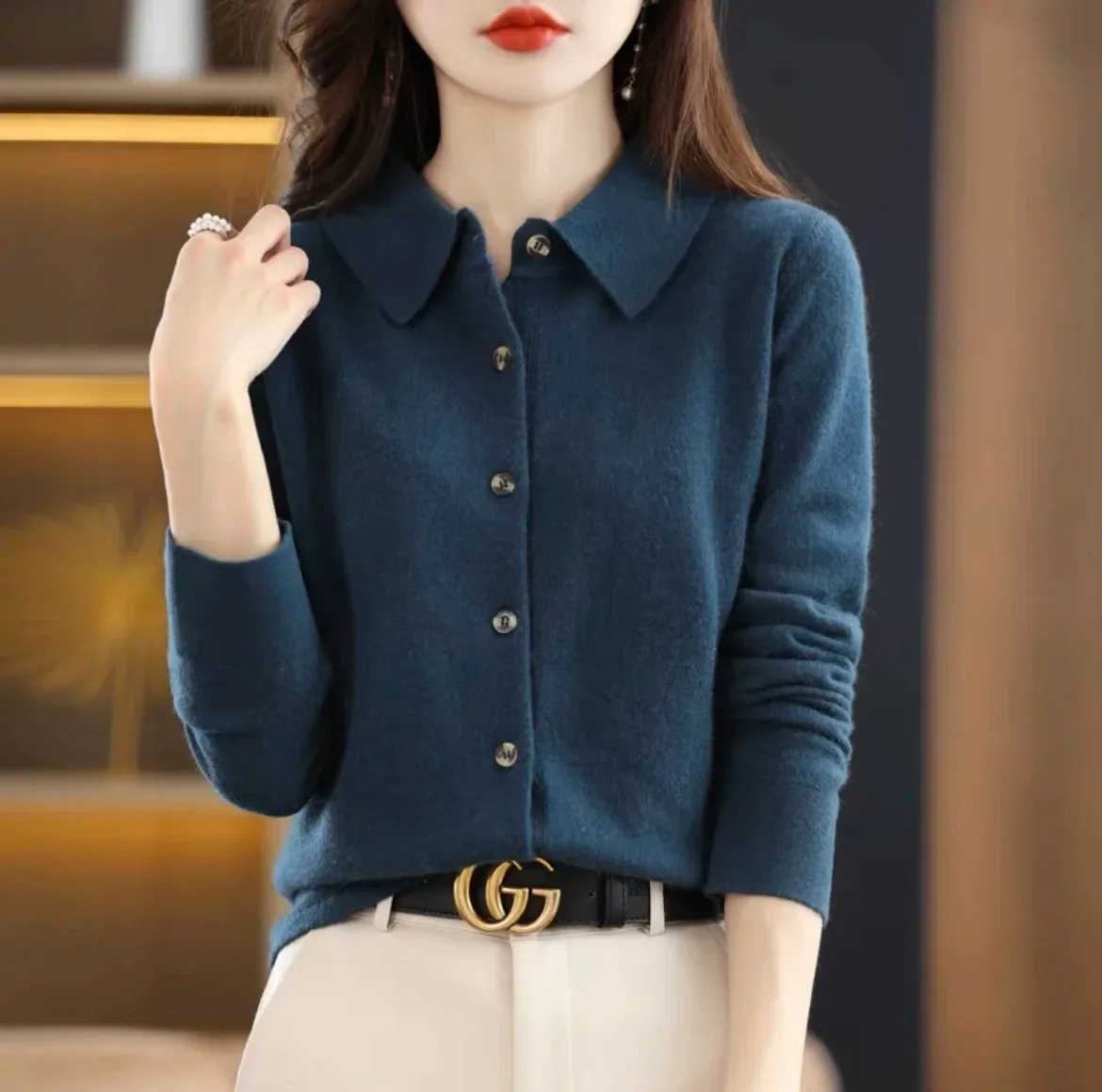 Spring Type  Cashmere Sweater Women Cardigan Shirt Collar Exquisite Polo Collar Long sleeve Sweater Fleece Base Knit