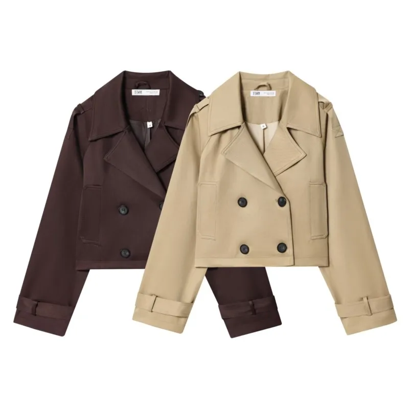 

HipSeam Double Breasted Short Jacket Women Autumn Windbreaker Style Long Sleeve Pocket Lapel Women Trench Coat Female Jackets