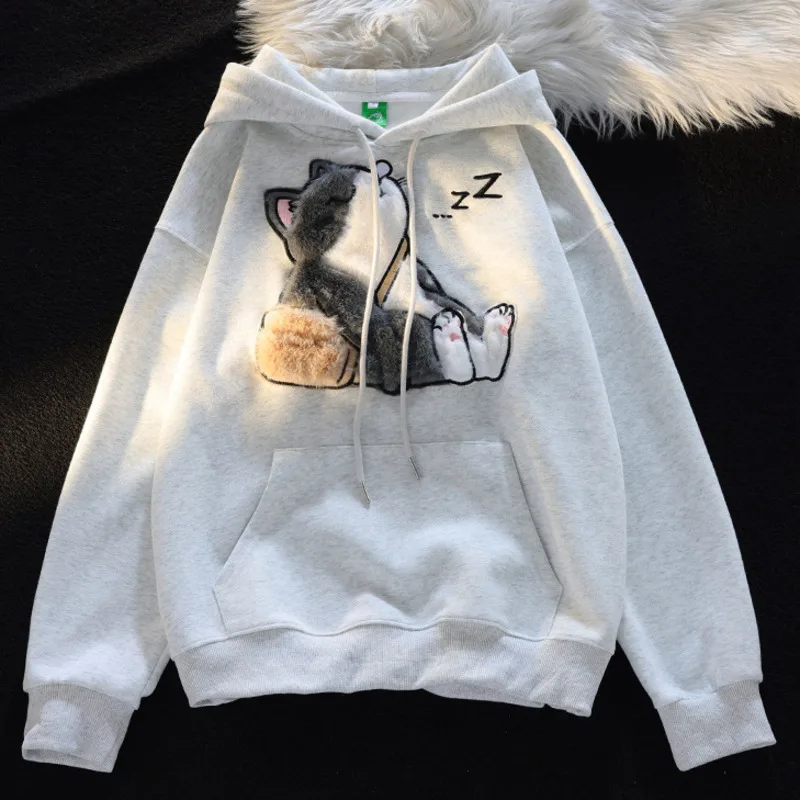 Cat Flocking Cute Loose Hoodie Autumn Woman Casual Sweatshirt Long Sleeve Hooded Streetwear Harajuku Kawaii Fashion Hoodies