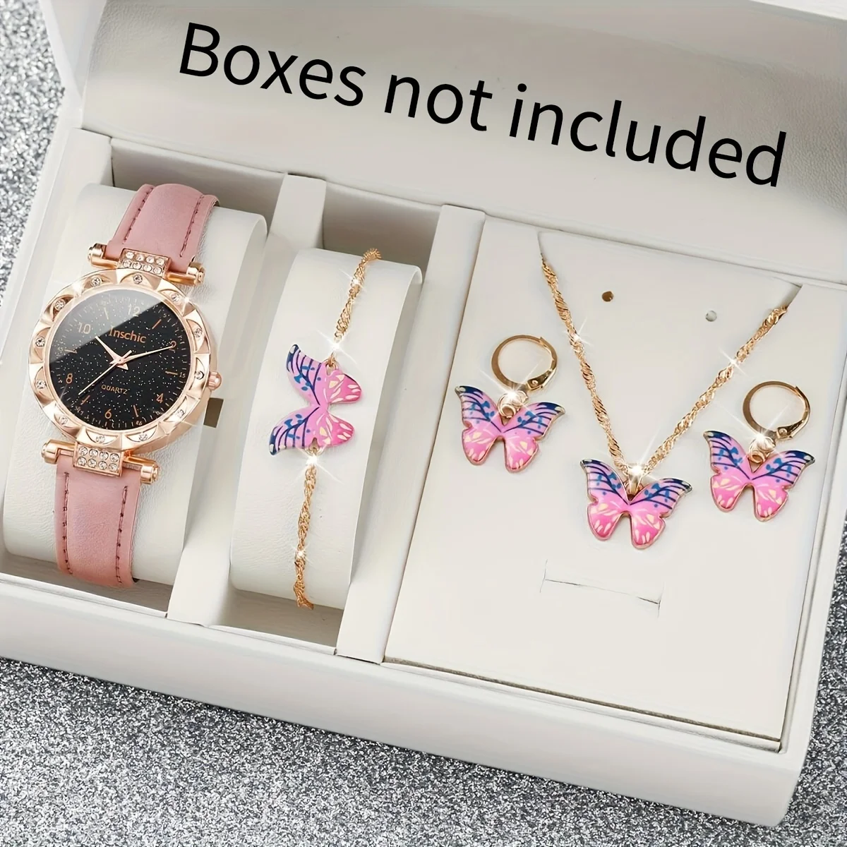 

5pcs/set Women's Watch Starry Rhinestone Quartz Watch Analog PU Leather Wrist Watch & Butterfly Jewelry Set, Gift For Mom Her