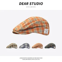 Japanese Retro Plaid Forward Hats Women Spring and Summer Thin Street Versatile Show Face Small Casual Berets Caps for Men