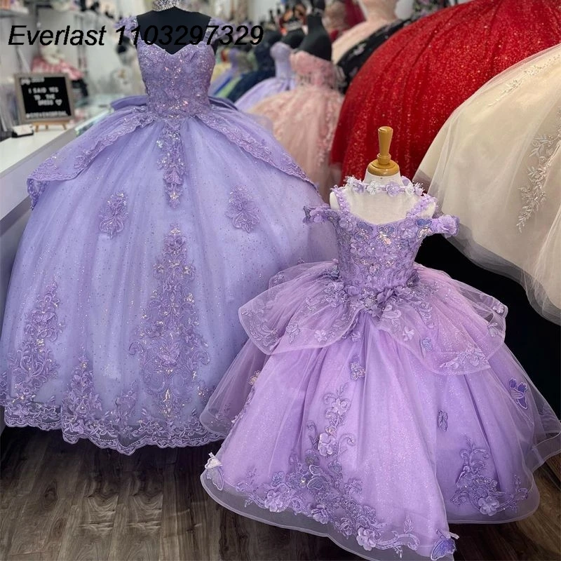 EVLAST Shiny Lavender Quinceanera Dress Ball Gown Lace Applique Beading With Bow Mexico Sweet 16 Vestidos De XV 15 Anos TQD737