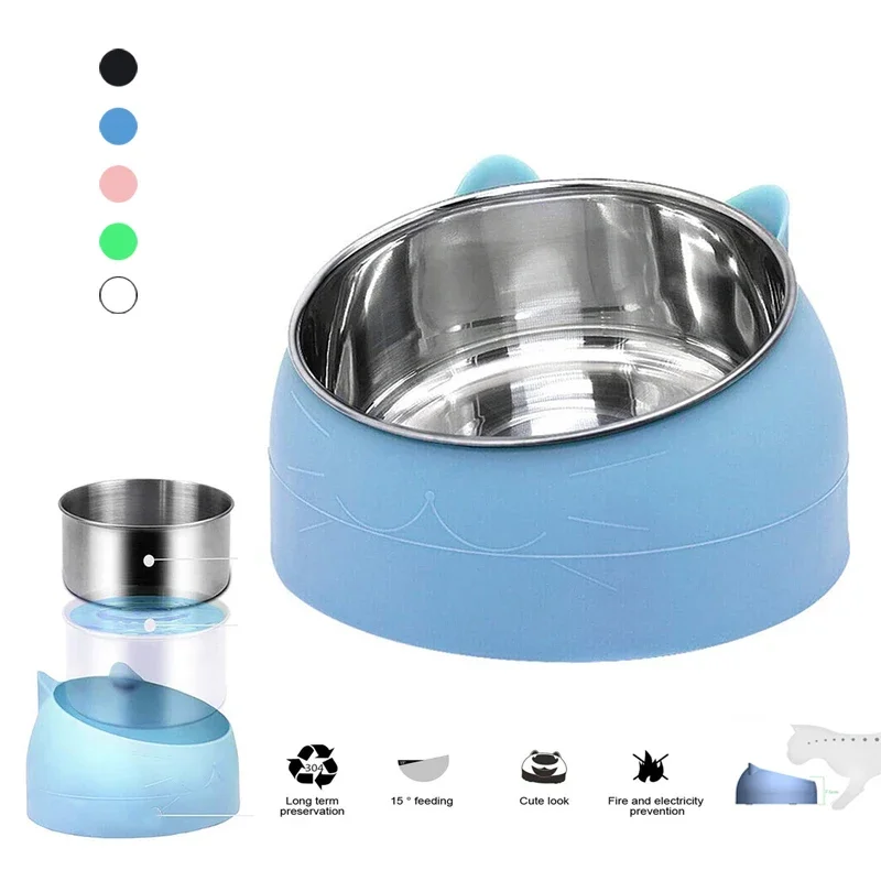 Dog Cat Bowl Cat Feeder 15 Degrees Raised Pet Food Drinker Bowls For Cats Dogs Stainless Steel Puppy Dog Bowl Pet Accessories