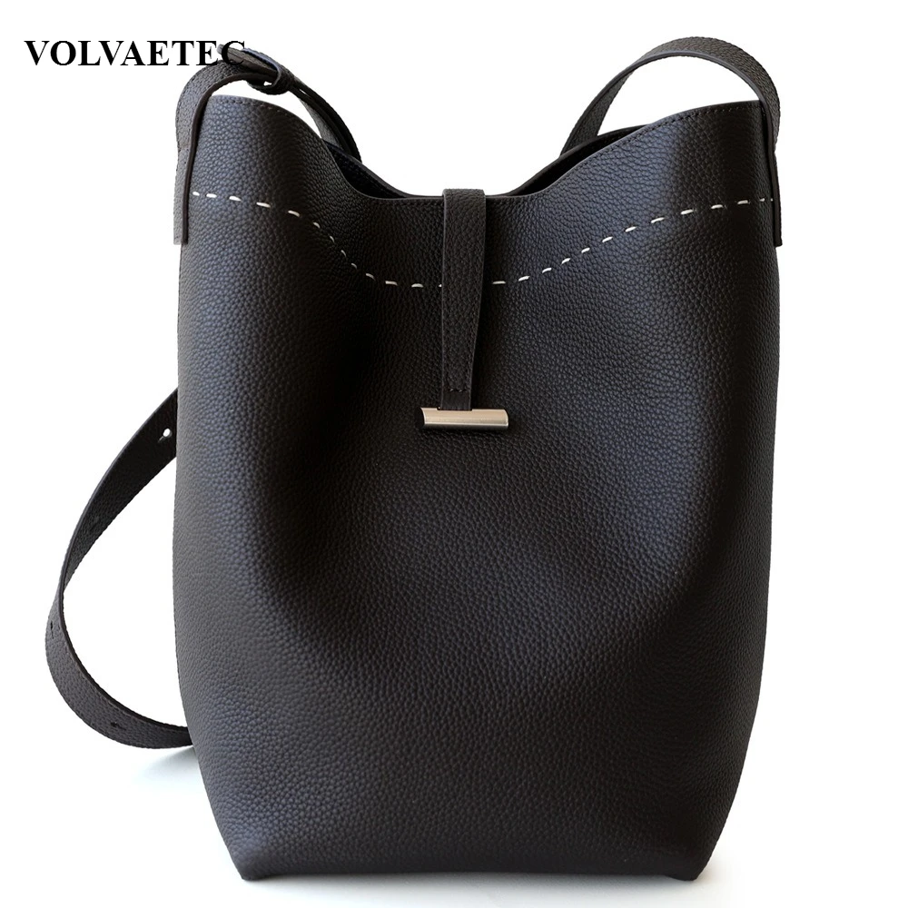 VOLVAETEC  First-layer Cowhide Large-capacity Bucket Bag Women's New Commuter Leisure Oblique Span Portable Niche Shoulder Bag