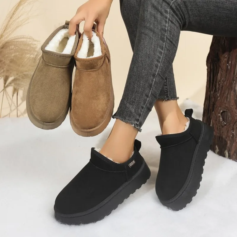 

36-43，Snow Boots for Women2025Winter New Cashmere Warm Thick Soles Without Heel-covered Hair Half Slipper Cotton Shoes for Women