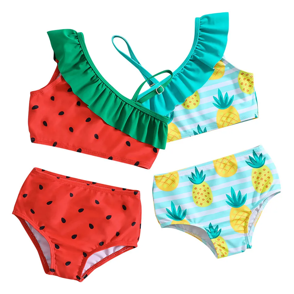 Girls Cute Watermelon Pineapple Print Single Shoulder Strap Strap Ruffled Two Piece Swimsuit Cyan Bikini Set