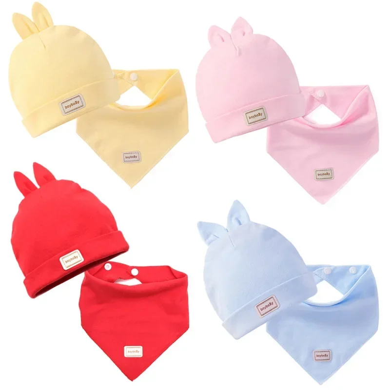 Newborn Baby Hat with Bibs Set Candy Color Boys Girls Baby Beanies Hats 0-12Months Kids Hat Cotton Bibs Toddler Infant Caps