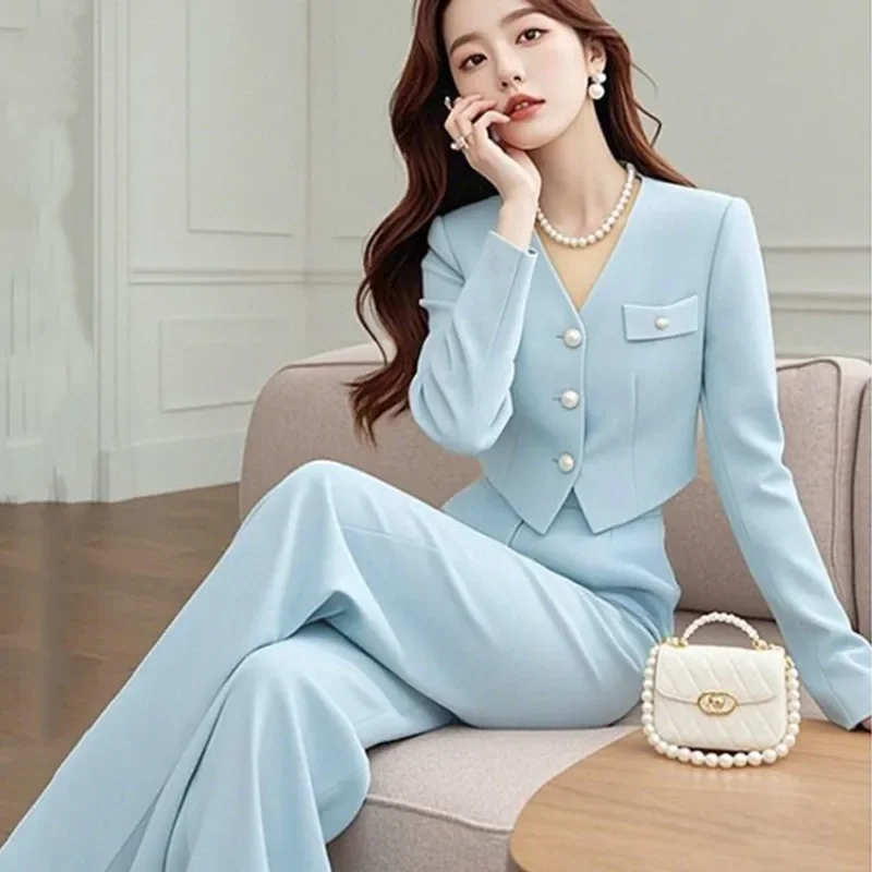 

Autumn new women's suit light luxury high-end women's style blue short jacket+wide leg pants two-piece set